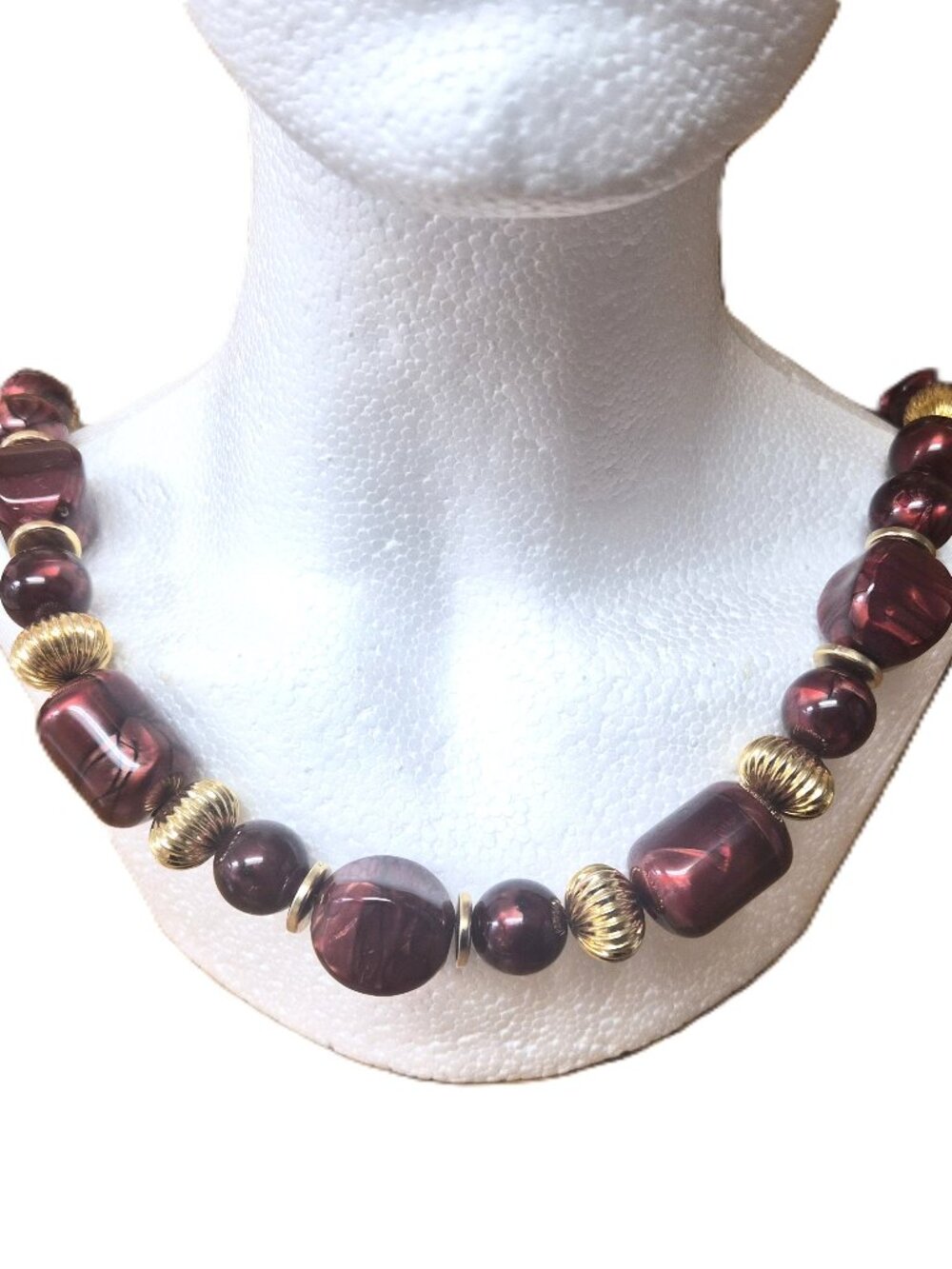 VTG Chunky Marbled Oxblood Resin Statement Necklace 27.5" Mod Boho Mid-Century